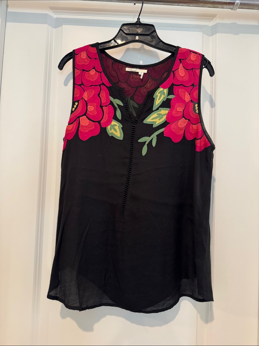 Floreat Black Tank Top with Pink Floral Appliqué